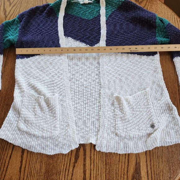 Roxy Knitted Open Weave Cardigan Sweater XS Navy Green White Grannycore Beach - Picture 6 of 7